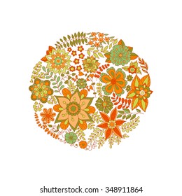 Hand drawn flower circle. Doodle flowers, herbs and berries.