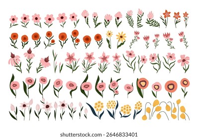 Hand drawn flower clipart bundle with various blooming shapes, leaves, and stems. Modern flat botanical elements perfect for floral design, stickers, cards, patterns, and digital scrapbooking.
