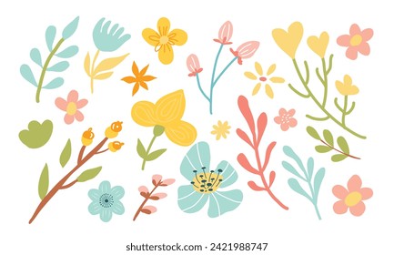 Colección de flores dibujada a mano. Conjunto de primavera con elementos botánicos. Feliz Pascua. Flores dibujadas a mano. Aislado sobre fondo blanco.