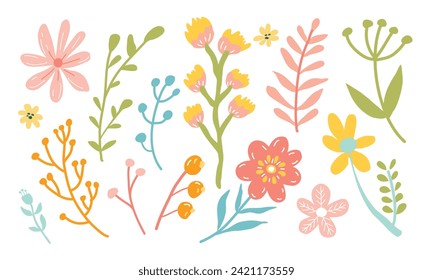 Colección de flores dibujada a mano. Flores vectoriales. Impresión artística primaveral con elementos botánicos. Feliz Pascua. Aislado sobre fondo blanco.