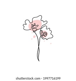 Hand drawn flower. Continuous line art. Magnolia flower sketch with black and white line art. Vector art illustration.  