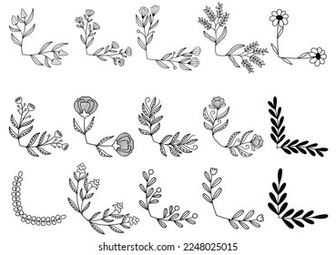 hand drawn flower corner borders. Fancy page decoration. laurel design elements.