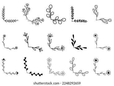 hand drawn flower corner borders. Fancy page decoration. laurel design elements.