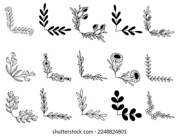 hand drawn flower corner borders. Fancy page decoration. laurel design elements.