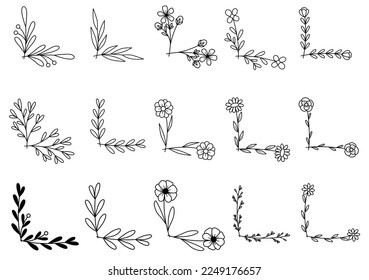 hand drawn flower corner borders. Fancy page decoration. laurel design elements.