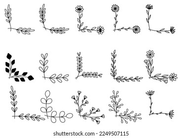 hand drawn flower corner borders. Fancy page decoration. laurel design elements.