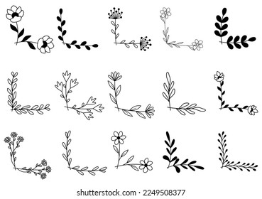 hand drawn flower corner borders. Fancy page decoration. laurel design elements.