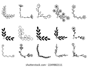 hand drawn flower corner borders. Fancy page decoration. laurel design elements.