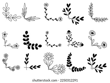 hand drawn flower corner borders. Fancy page decoration. laurel design elements.