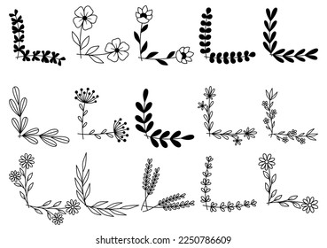 hand drawn flower corner borders. Fancy page decoration. laurel design elements.