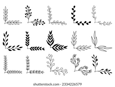 hand drawn flower corner borders. Fancy page decoration. laurel design elements.