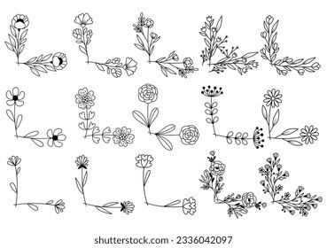 hand drawn flower corner borders. Fancy page decoration. laurel design elements.