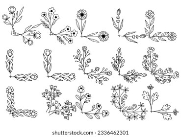 hand drawn flower corner borders. Fancy page decoration. laurel design elements.