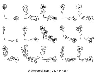 hand drawn flower corner borders. Fancy page decoration. laurel design elements.