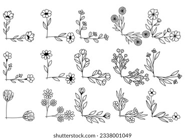 hand drawn flower corner borders. Fancy page decoration. laurel design elements.