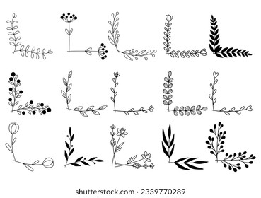 hand drawn flower corner borders. Fancy page decoration. laurel design elements.