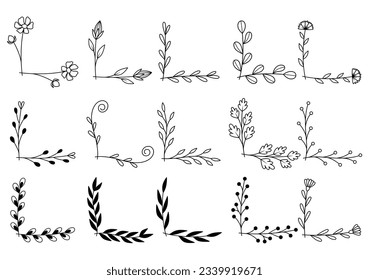 hand drawn flower corner borders. Fancy page decoration. laurel design elements.