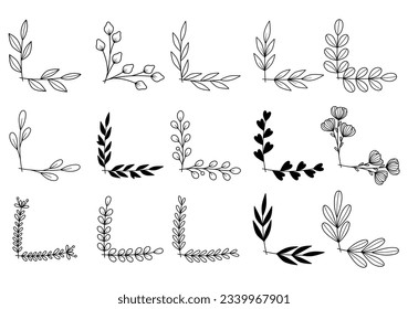 hand drawn flower corner borders. Fancy page decoration. laurel design elements.