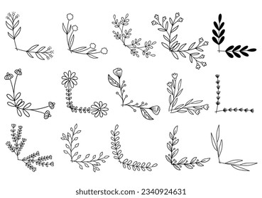 hand drawn flower corner borders. Fancy page decoration. laurel design elements.