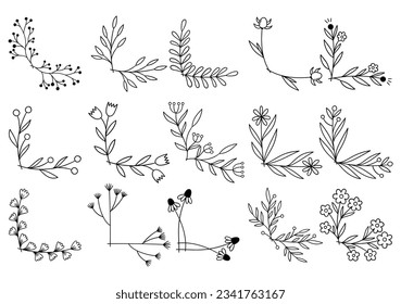 hand drawn flower corner borders. Fancy page decoration. laurel design elements.