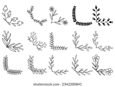 hand drawn flower corner borders. Fancy page decoration. laurel design elements.