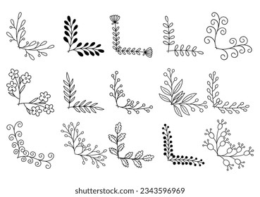 hand drawn flower corner borders. Fancy page decoration. laurel design elements.