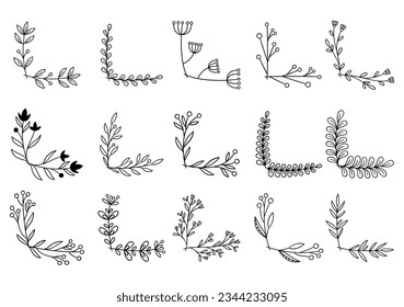hand drawn flower corner borders. Fancy page decoration. laurel design elements.