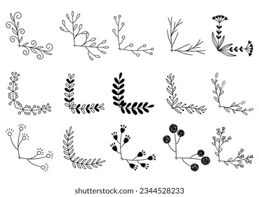 hand drawn flower corner borders. Fancy page decoration. laurel design elements.