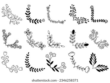 hand drawn flower corner borders. Fancy page decoration. laurel design elements.