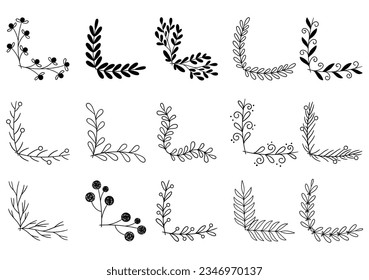 hand drawn flower corner borders. Fancy page decoration. laurel design elements.