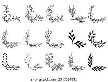 hand drawn flower corner borders. Fancy page decoration. laurel design elements.