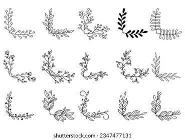 hand drawn flower corner borders. Fancy page decoration. laurel design elements.