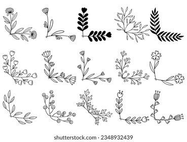 hand drawn flower corner borders. Fancy page decoration. laurel design elements.