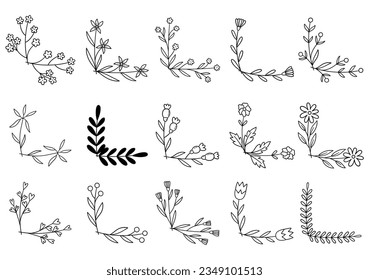 hand drawn flower corner borders. Fancy page decoration. laurel design elements.