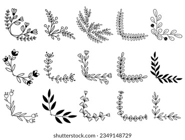 hand drawn flower corner borders. Fancy page decoration. laurel design elements.