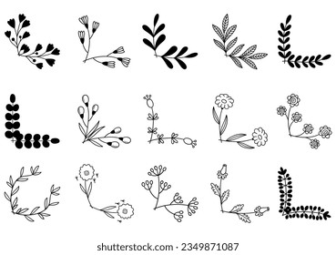 hand drawn flower corner borders. Fancy page decoration. laurel design elements.