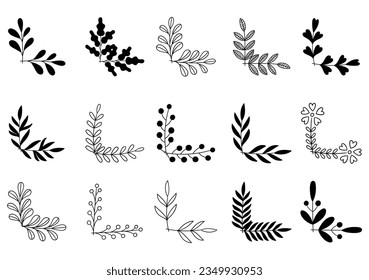 hand drawn flower corner borders. Fancy page decoration. laurel design elements.