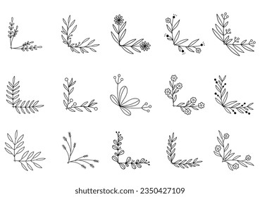 hand drawn flower corner borders. Fancy page decoration. laurel design elements.