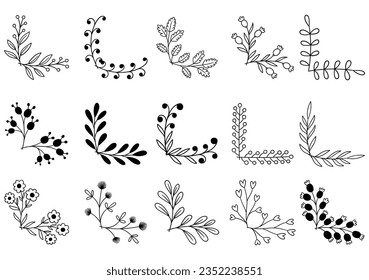 hand drawn flower corner borders. Fancy page decoration. laurel design elements.