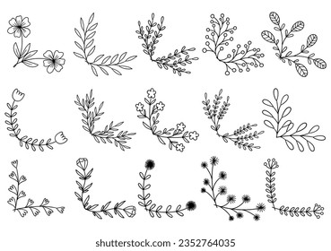 hand drawn flower corner borders. Fancy page decoration. laurel design elements.