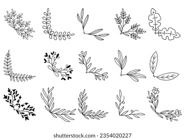 hand drawn flower corner borders. Fancy page decoration. laurel design elements.