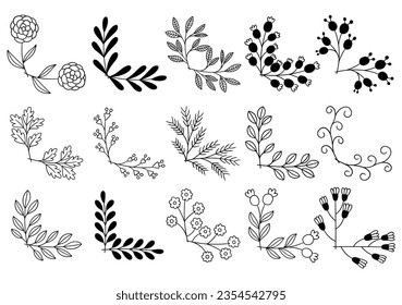 hand drawn flower corner borders. Fancy page decoration. laurel design elements.