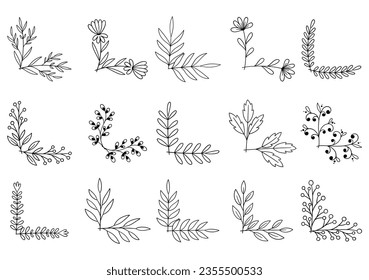 hand drawn flower corner borders. Fancy page decoration. laurel design elements.