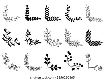 hand drawn flower corner borders. Fancy page decoration. laurel design elements.