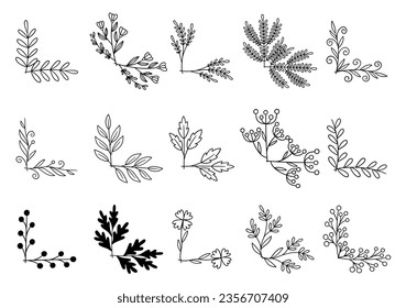 hand drawn flower corner borders. Fancy page decoration. laurel design elements.