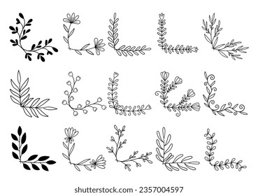hand drawn flower corner borders. Fancy page decoration. laurel design elements.
