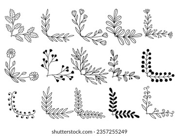 hand drawn flower corner borders. Fancy page decoration. laurel design elements.