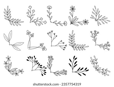hand drawn flower corner borders. Fancy page decoration. laurel design elements.
