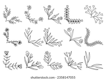 hand drawn flower corner borders. Fancy page decoration. laurel design elements.