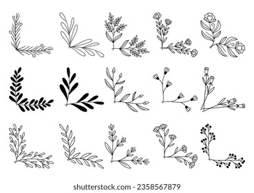 hand drawn flower corner borders. Fancy page decoration. laurel design elements.